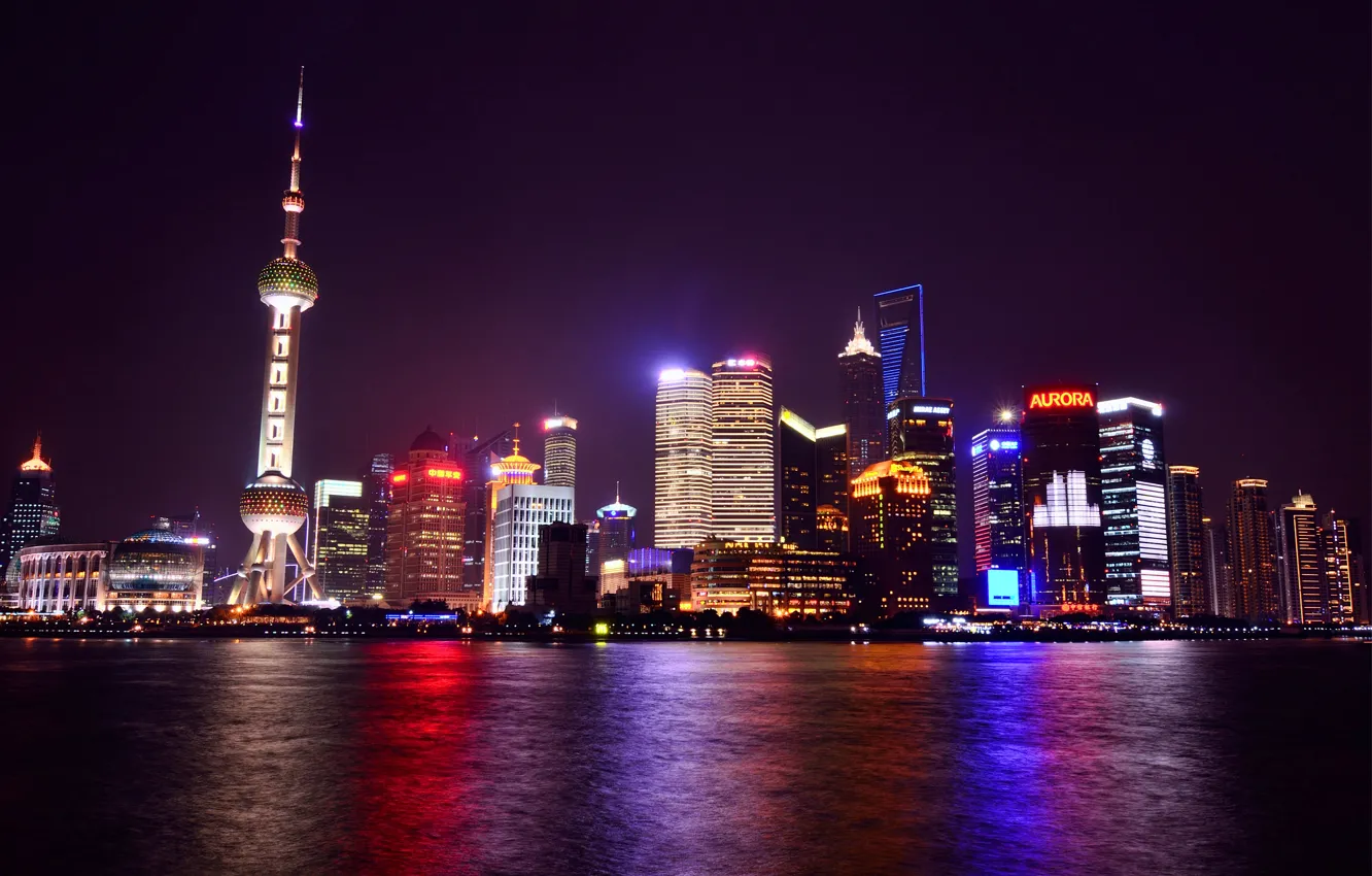 Photo wallpaper lights, reflection, river, China, skyscrapers, backlight, China, Shanghai