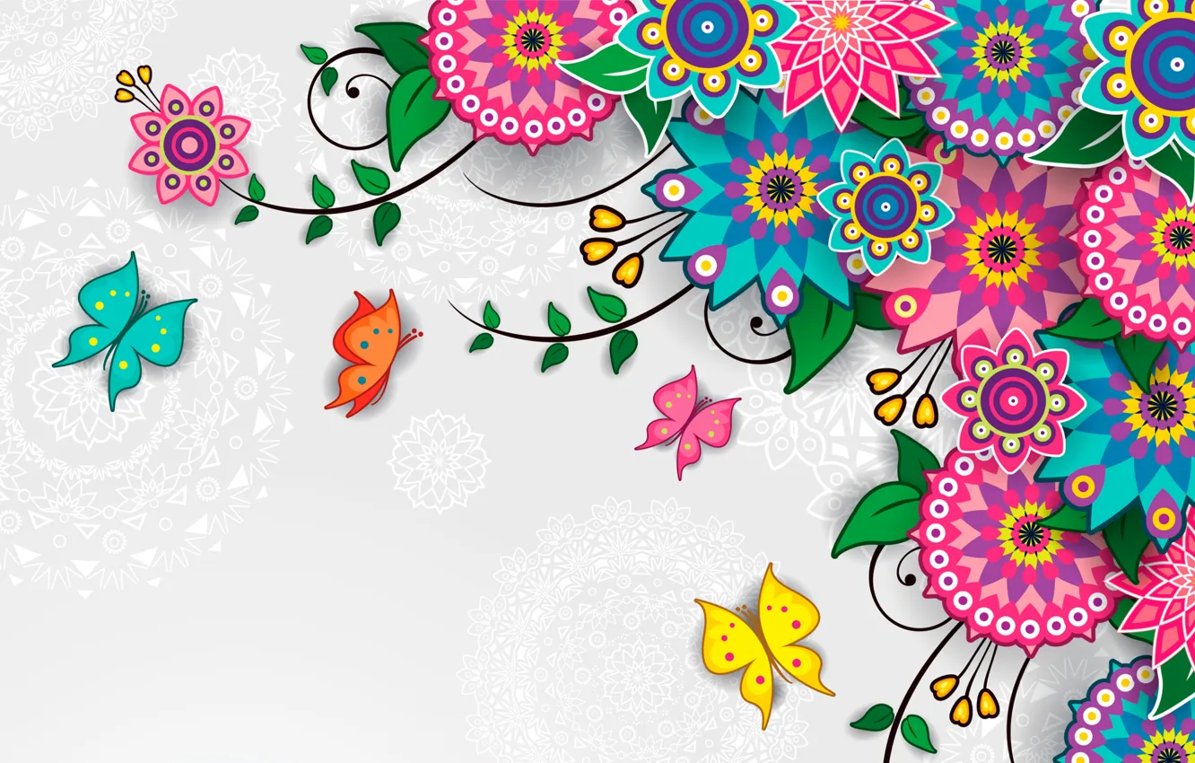 Photo wallpaper flowers, pattern, butterfly