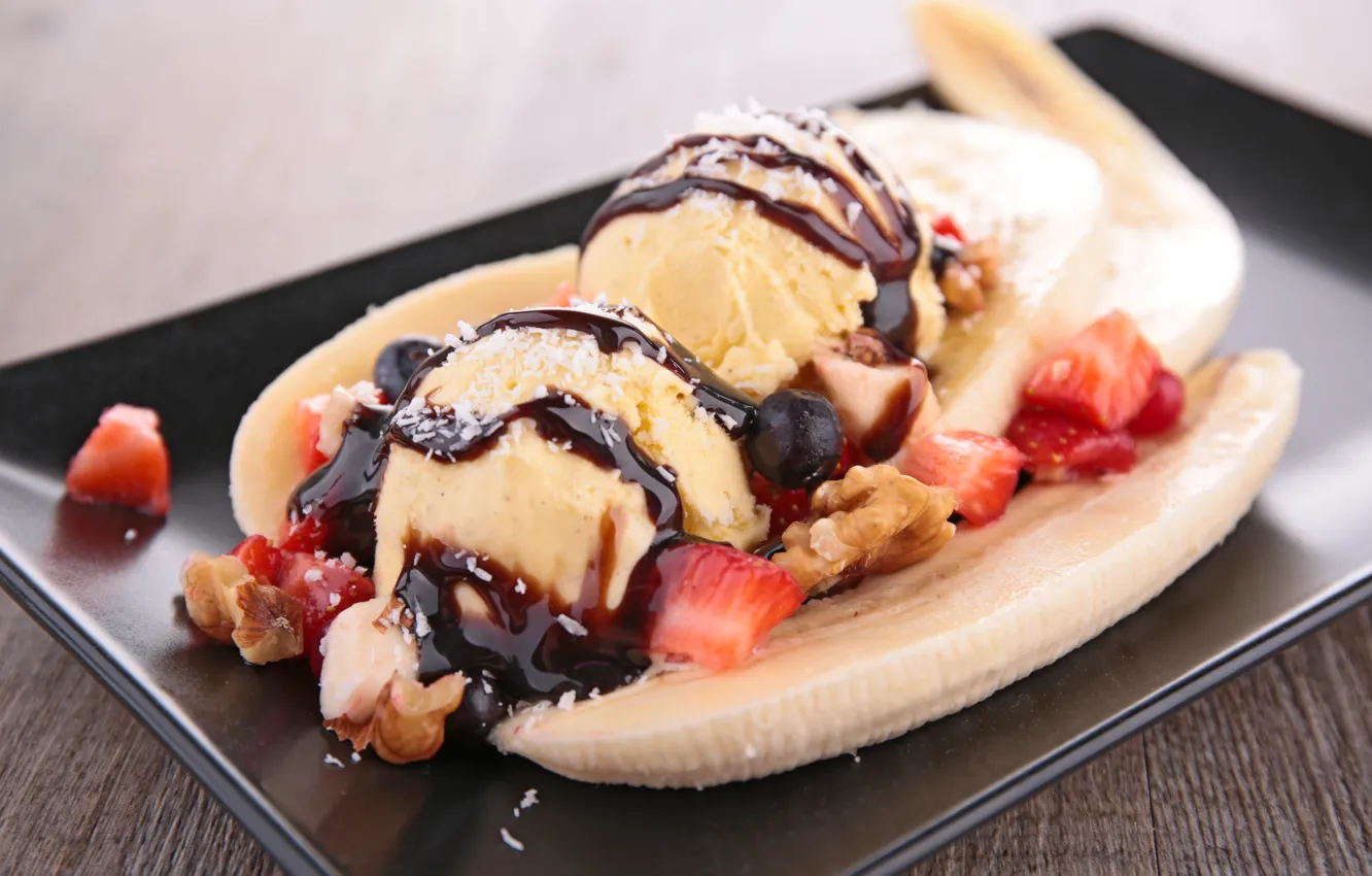 Photo wallpaper chocolate, strawberry, ice cream, banana, dessert, chocolate, banana, strawberry