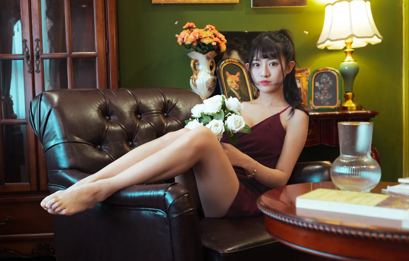 Photo wallpaper girl, roses, bouquet, dress, legs, Asian