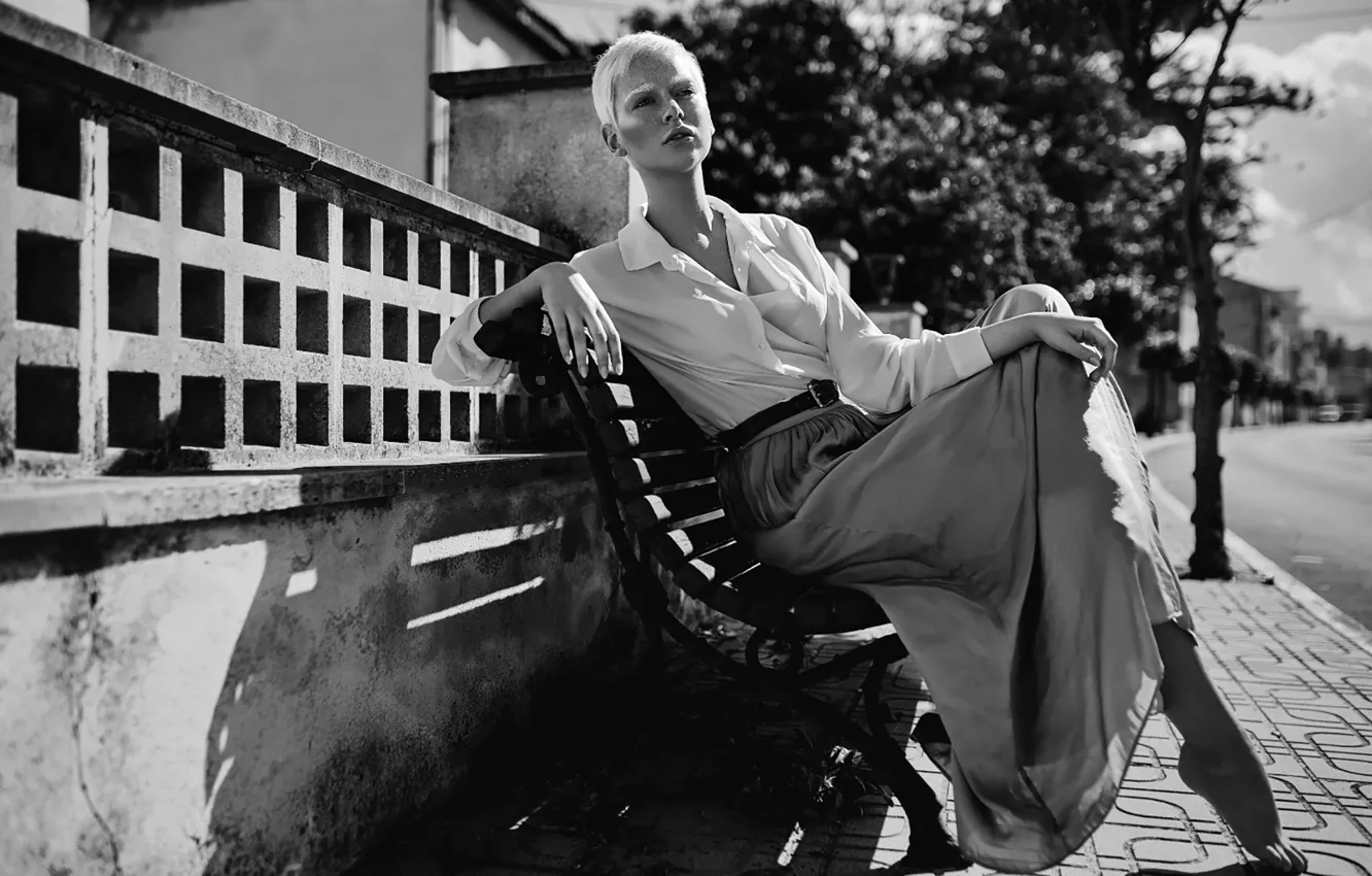 Photo wallpaper look, girl, model, blonde, black and white, Inga Klaassen