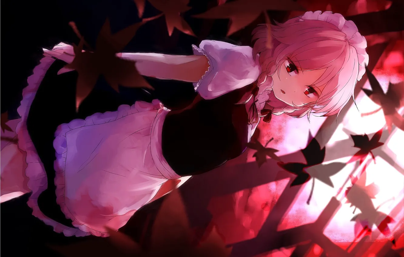 Photo wallpaper red eyes, the maid, maple leaves, in the dark, Izayoi Sakuya, Touhou Project, by Mika