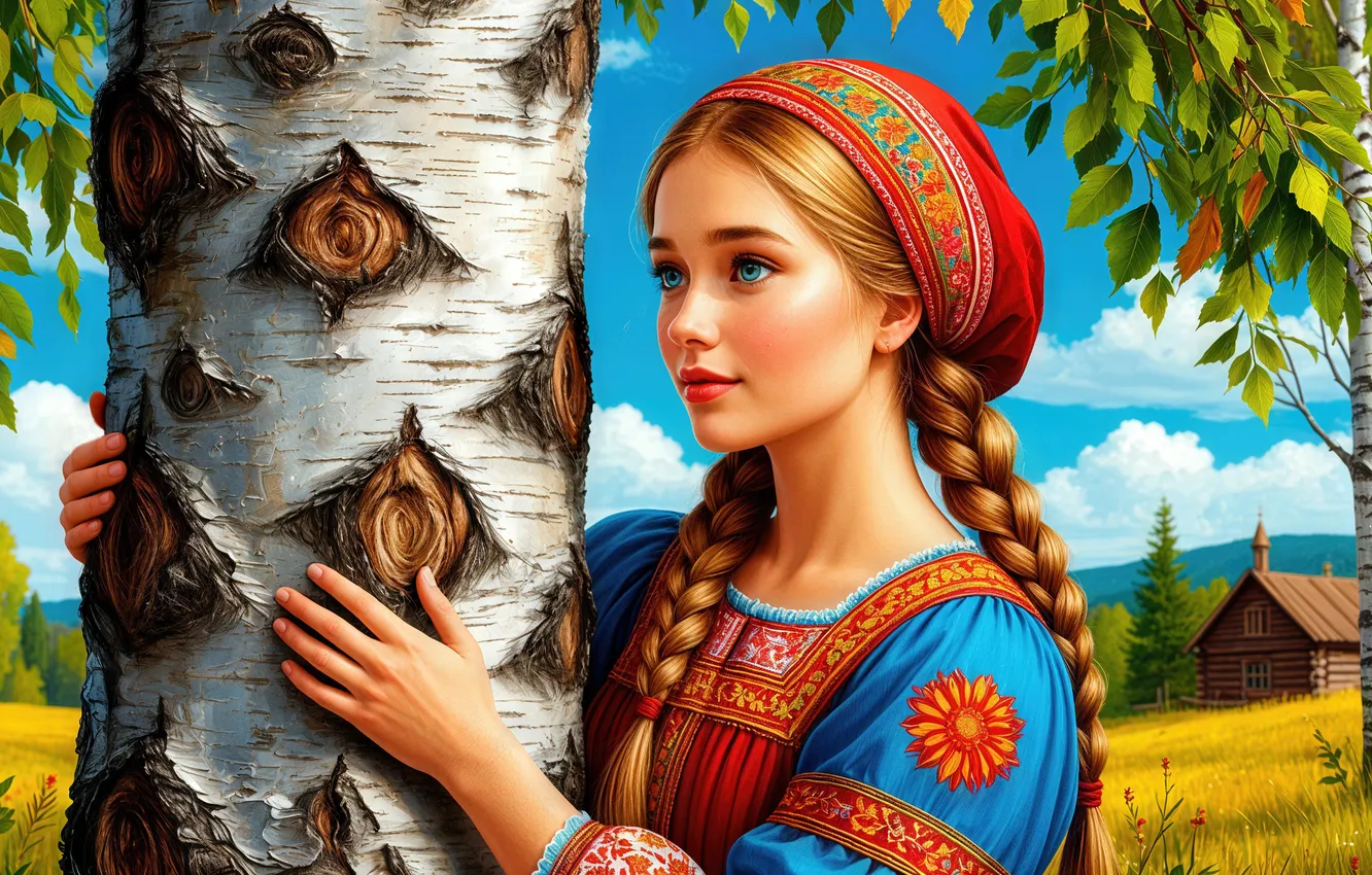 Photo wallpaper the sky, look, leaves, girl, clouds, trees, pose, blue