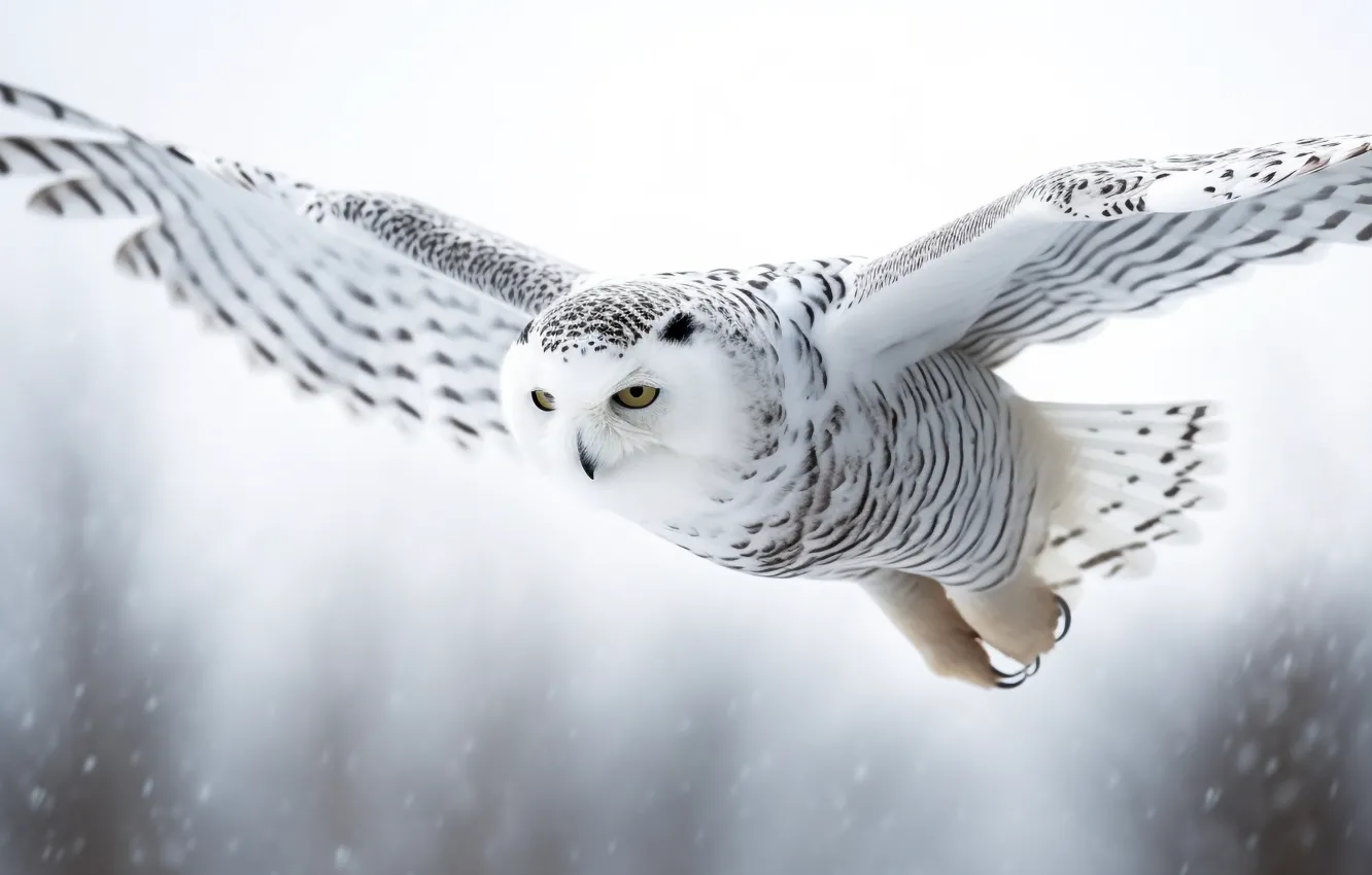 Photo wallpaper winter, white, look, snow, flight, owl, bird, white background