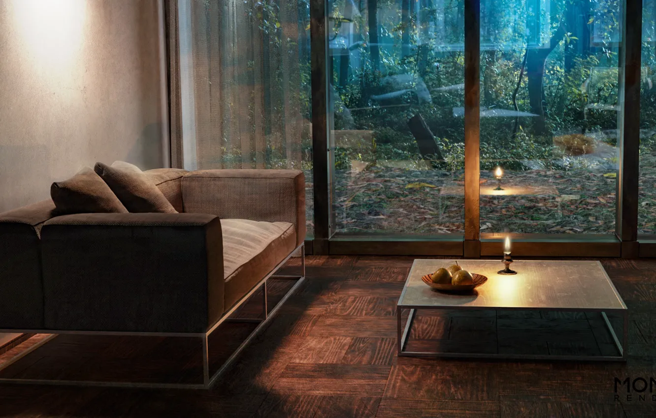 Photo wallpaper interior, candles, sofa, living room