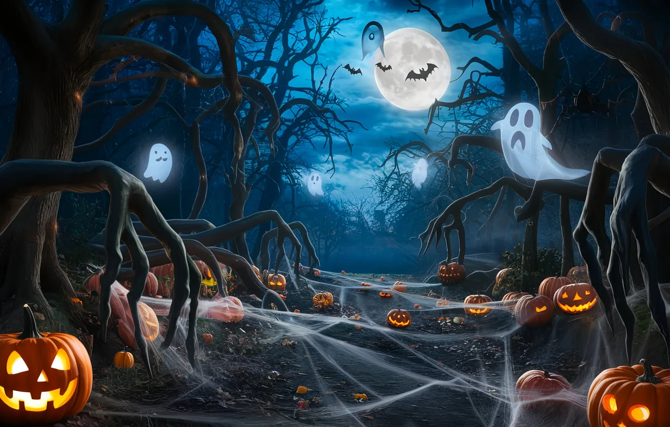 Photo wallpaper night, the moon, web, pumpkin, bats, Halloween, horror