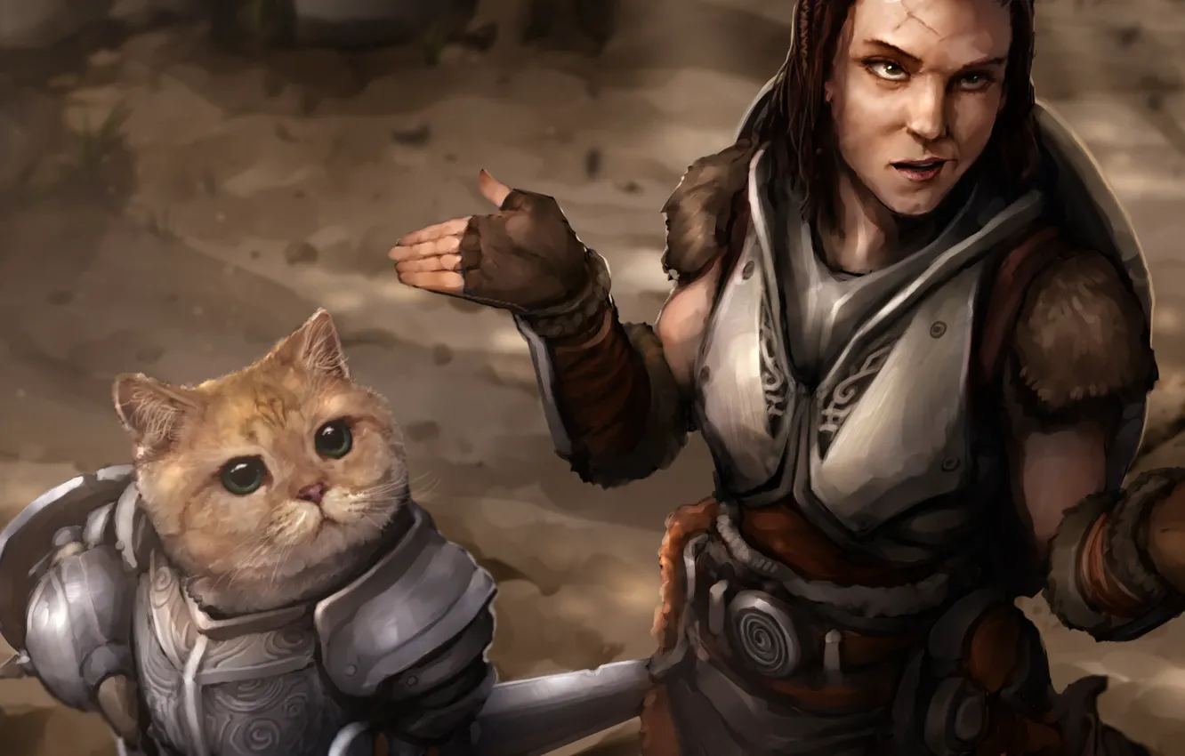 Photo wallpaper cat, girl, armor, lydia