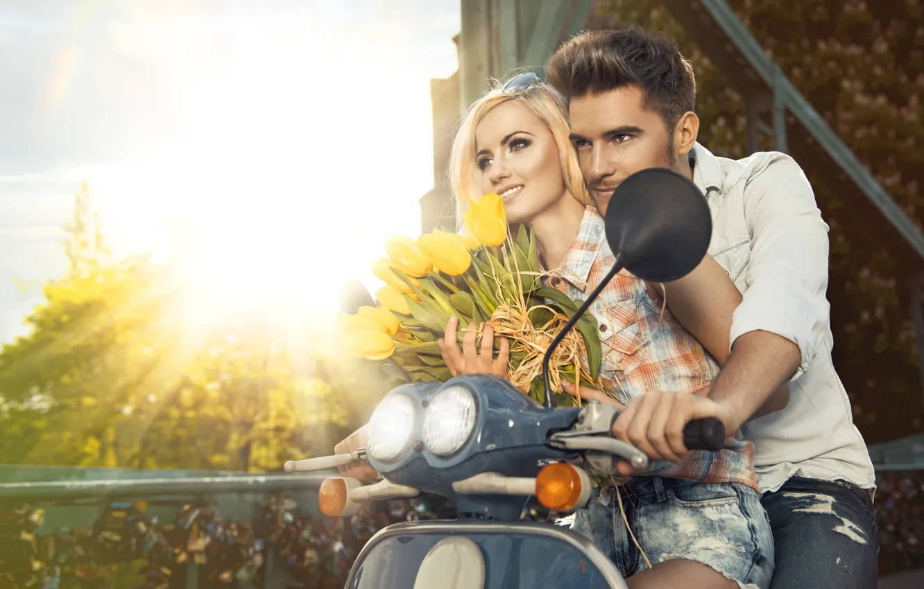 Photo wallpaper girl, flowers, pair, tulips, male, scooter