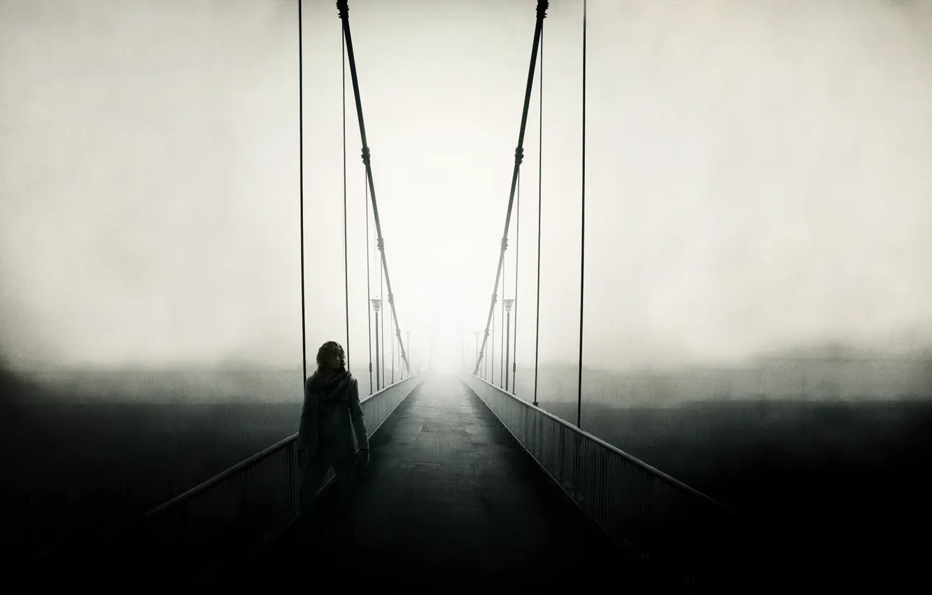 Photo wallpaper road, landscape, bridge, fog, people, mood, the fence, people