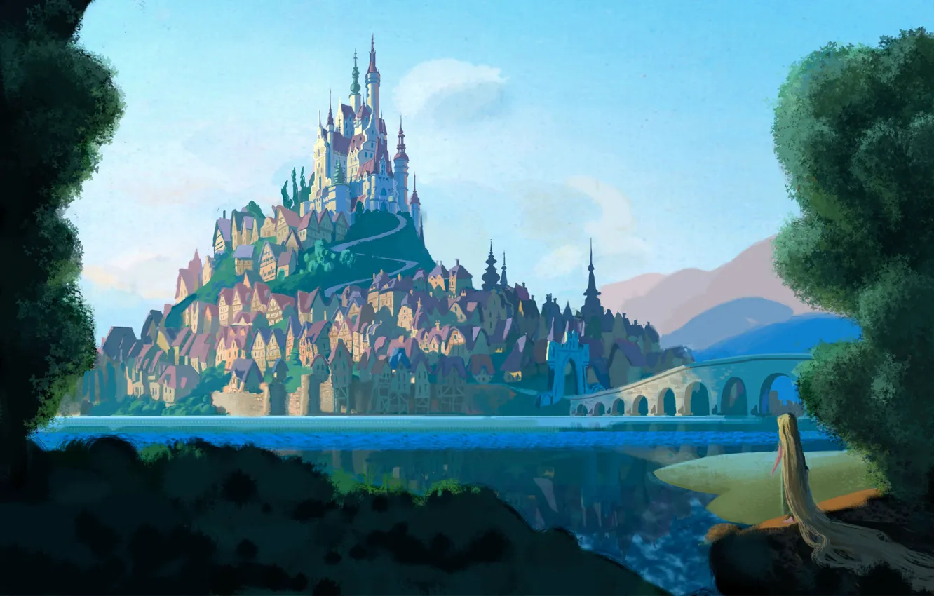 Photo wallpaper forest, landscape, mountains, bridge, river, castle, figure, cartoon