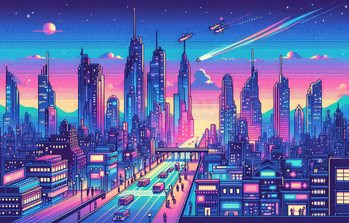 Photo wallpaper retro, future, skyscrapers, retro, the city of the future, cityscape, futuristic