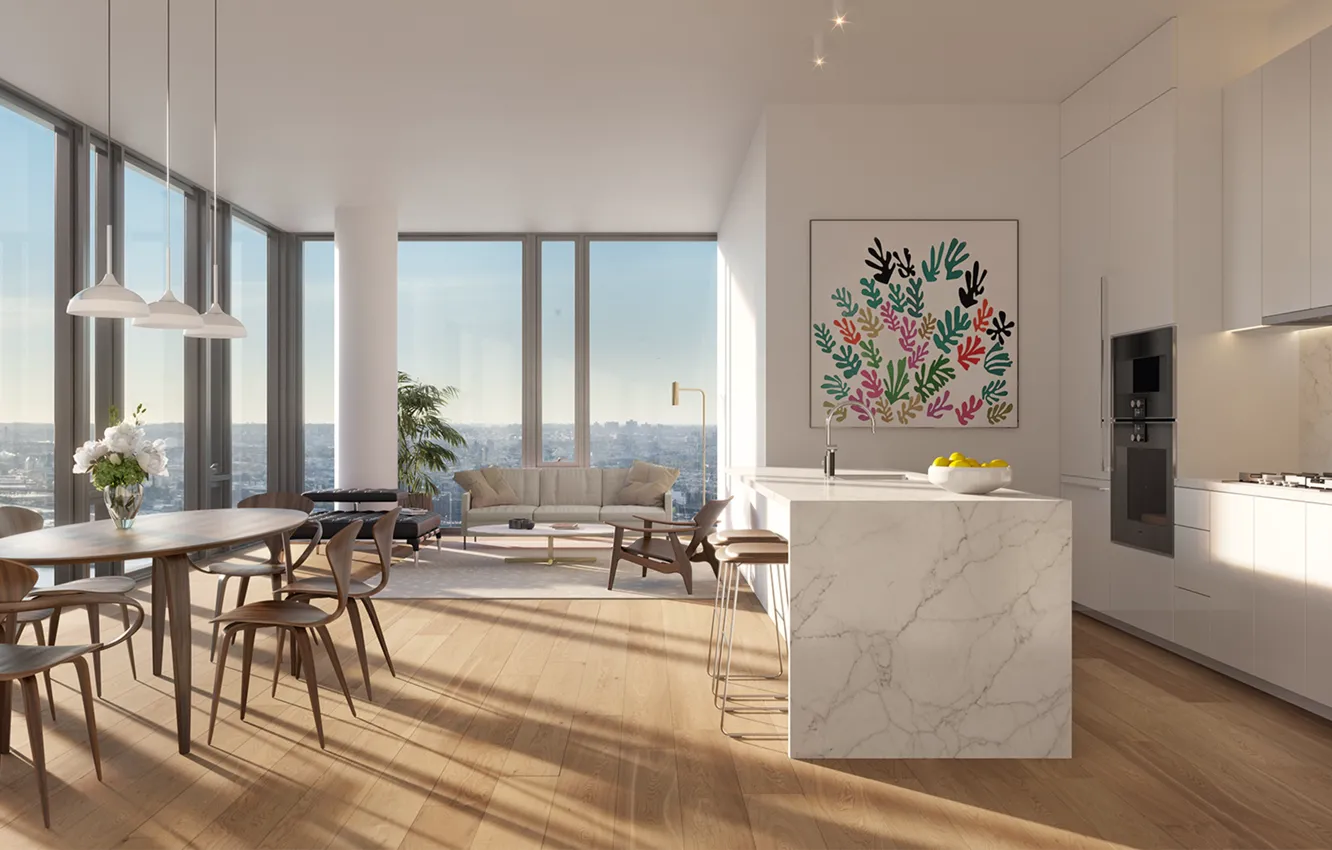 Photo wallpaper design, style, interior, kitchen, New York, megapolis, living room, dining room