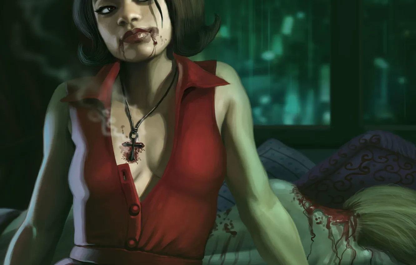 Photo wallpaper girl, blood, vampire, cross, wounds