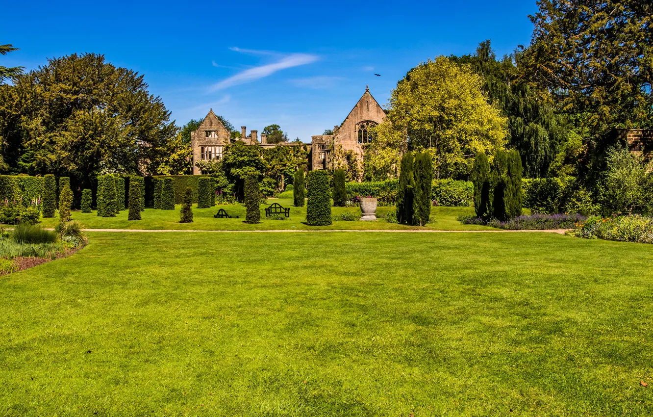 Photo wallpaper greens, the sky, grass, the sun, trees, design, house, Park