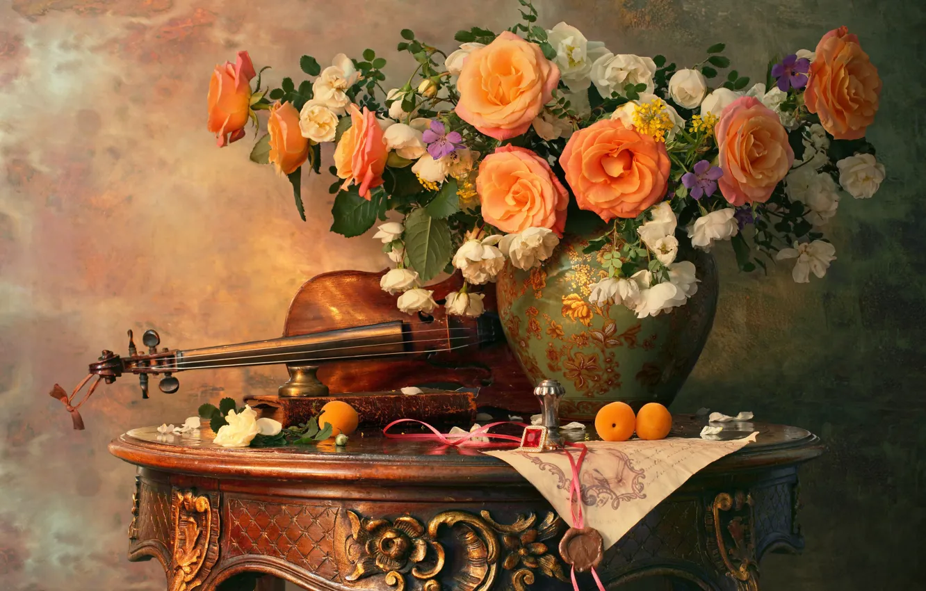 Photo wallpaper flowers, style, violin, roses, bouquet, vase, still life, apricots