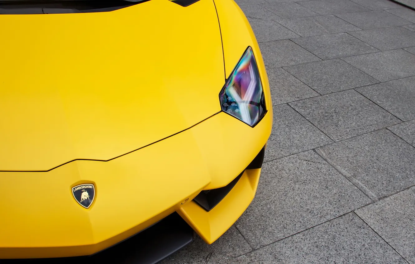 Photo wallpaper yellow, headlight, supercar, sports car, lamborghini, Lamborghini, yellow, aventador