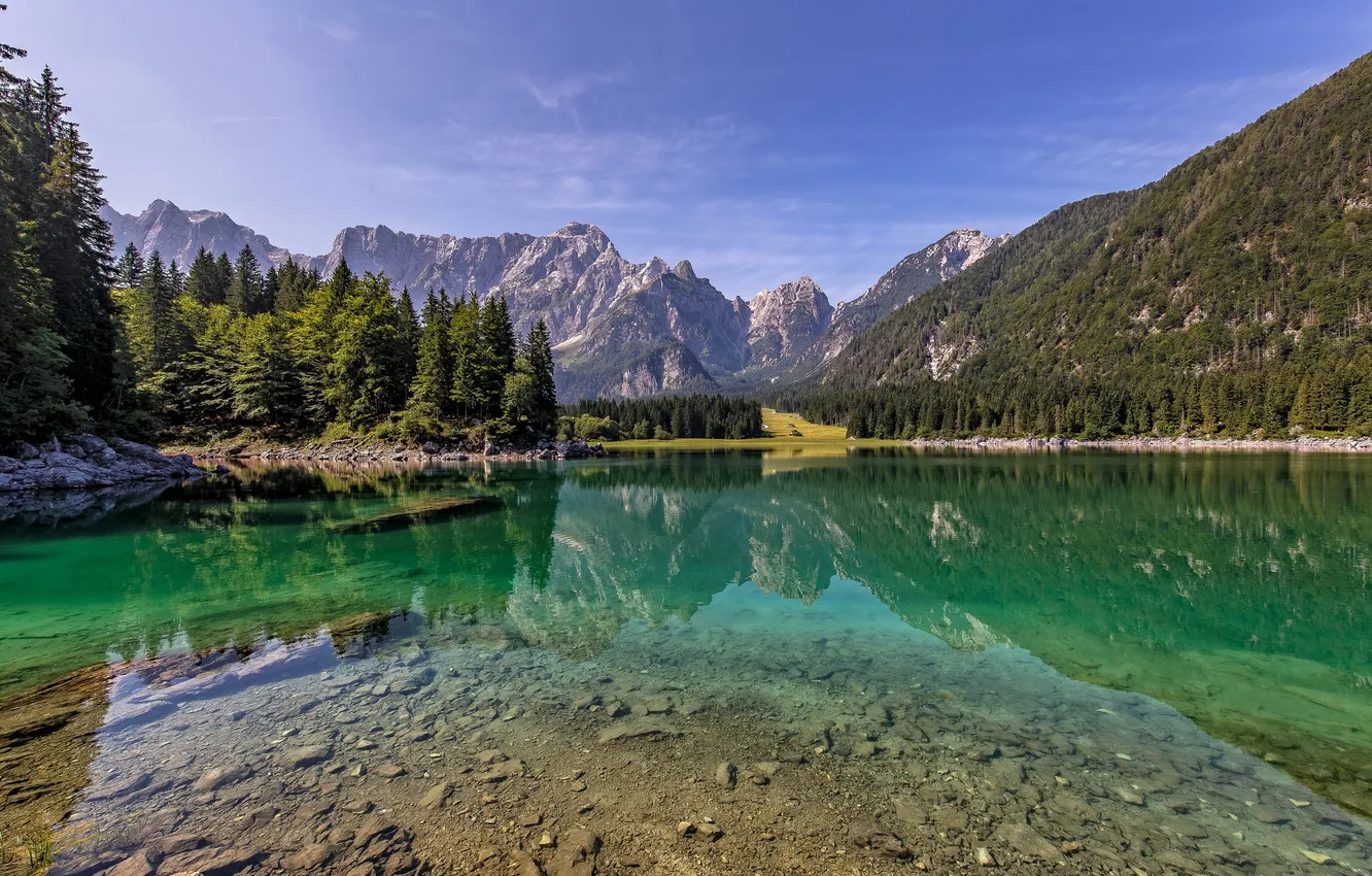 Photo wallpaper forest, the sky, clouds, trees, mountains, lake