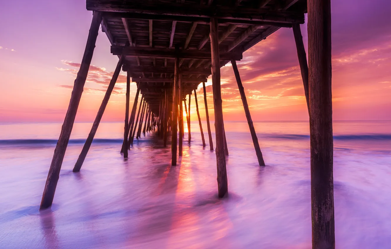Photo wallpaper sea, sunset, bridge