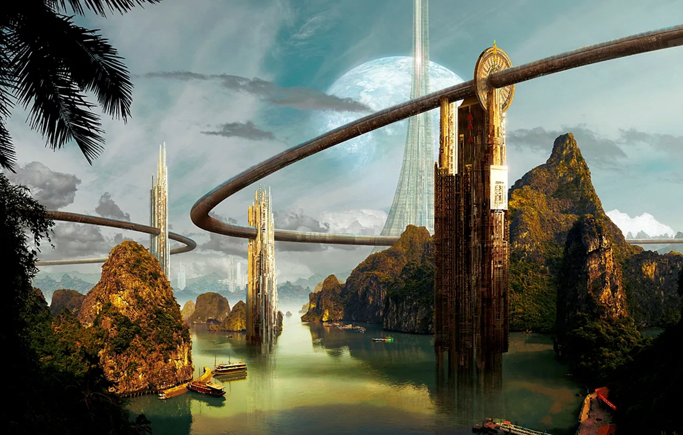 Photo wallpaper rocks, planet, ships, bay, Towers