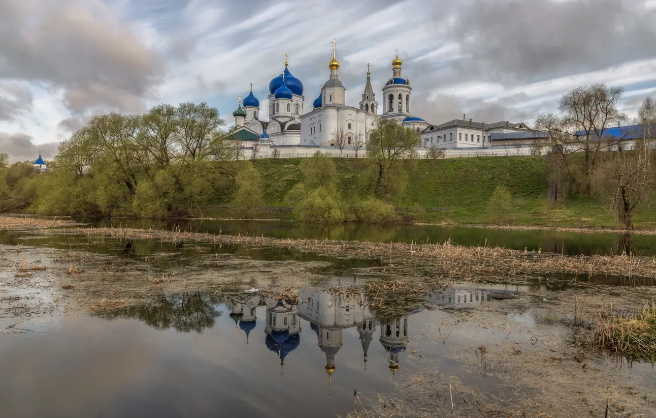Photo wallpaper the sky, clouds, river, temple, Russia, Vladimir oblast, Bogolyubovo