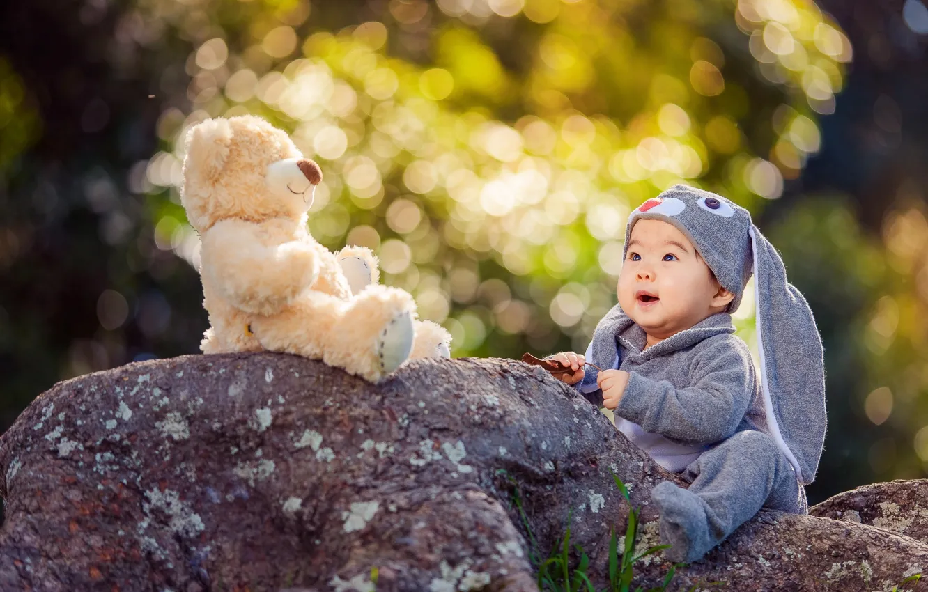Photo wallpaper nature, stones, toy, hare, baby, bear, costume, child