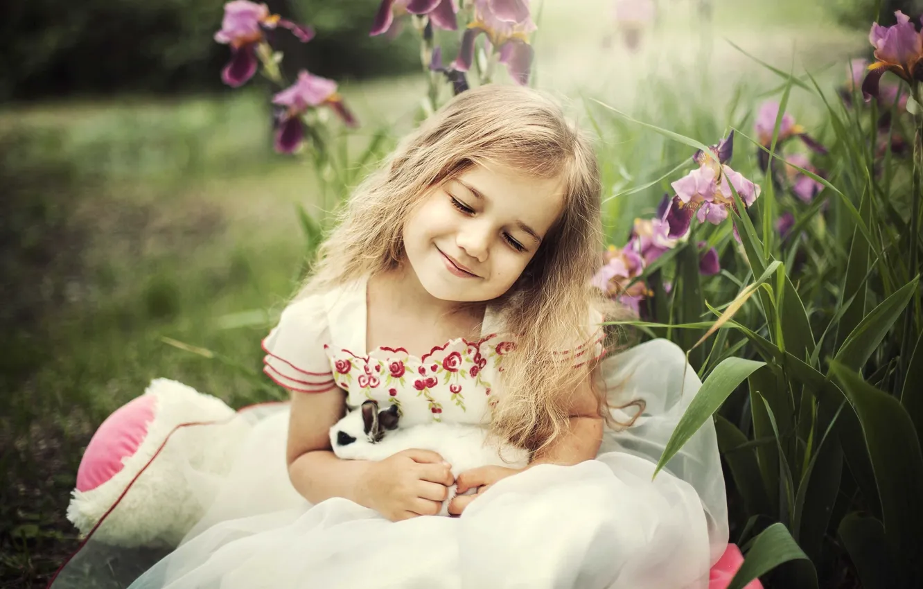 Photo wallpaper joy, happiness, rabbit, girl, iris