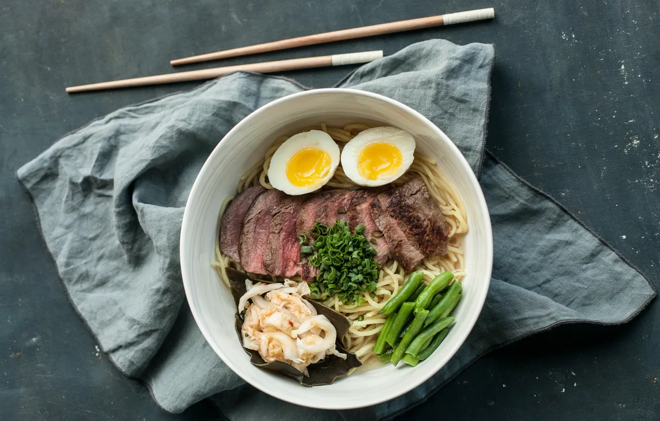 Photo wallpaper food, eggs, meat, noodles, asparagus
