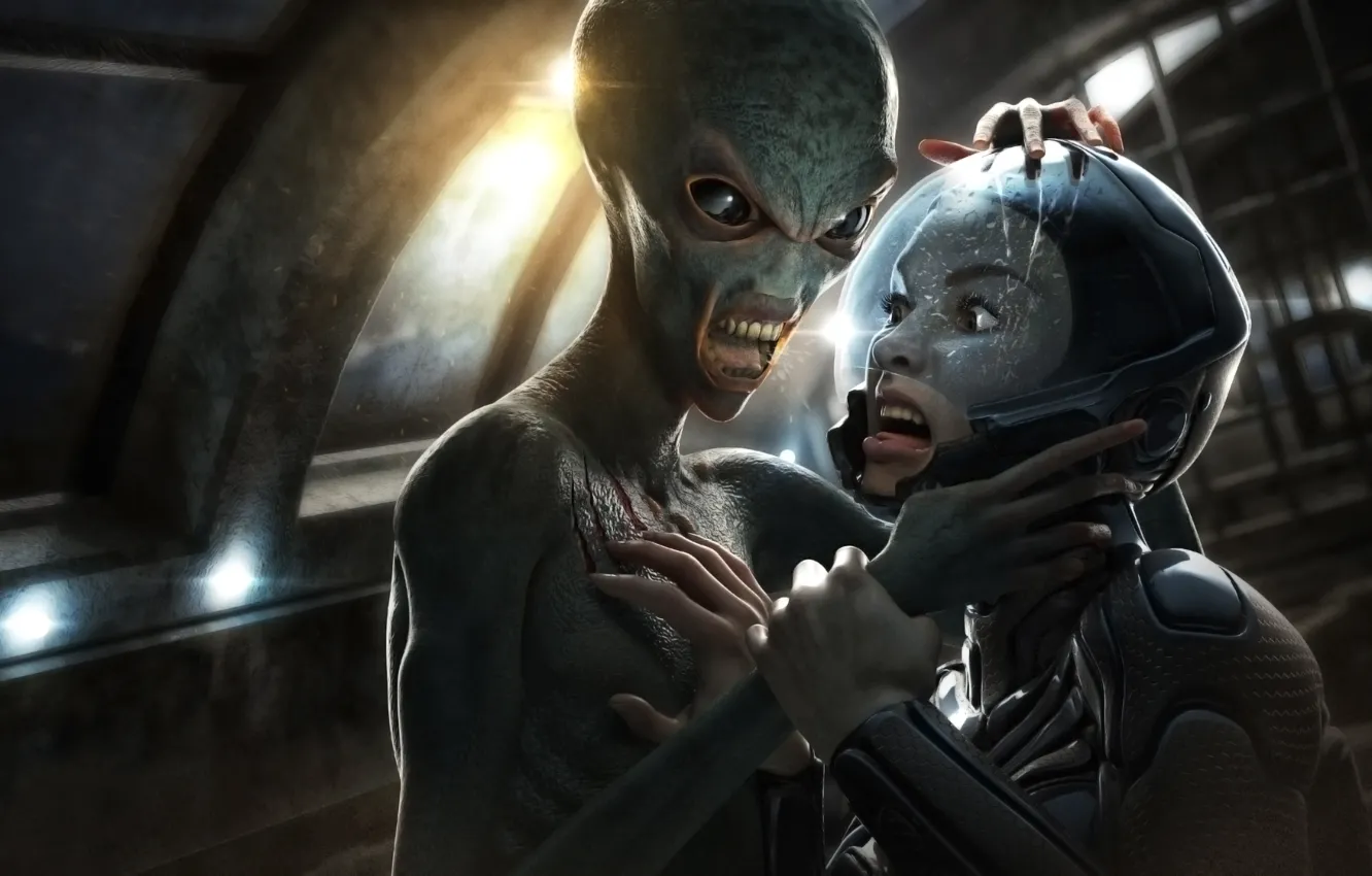 Photo wallpaper look, girl, light, pose, grey, fiction, teeth, mouth