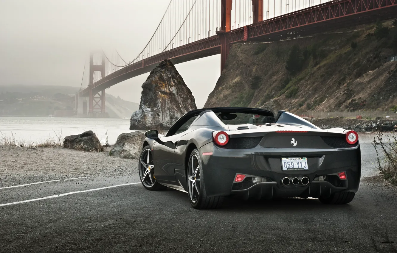 Photo wallpaper Ferrari, 458, Bridge, Water, Back, Gray, Spider, Supercar