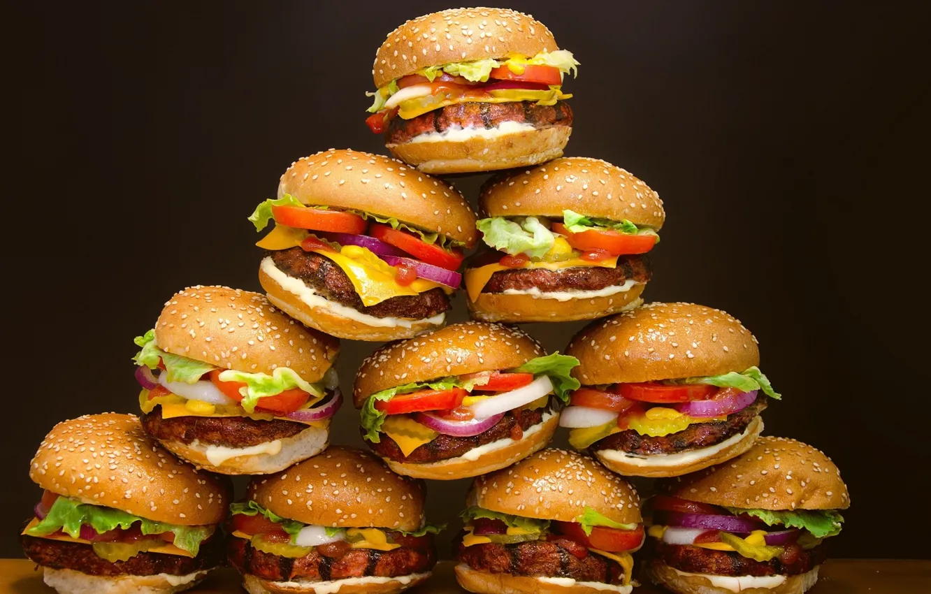 Photo wallpaper food, Hamburger, bread, pyramid, meat, vegetables, a lot, roll