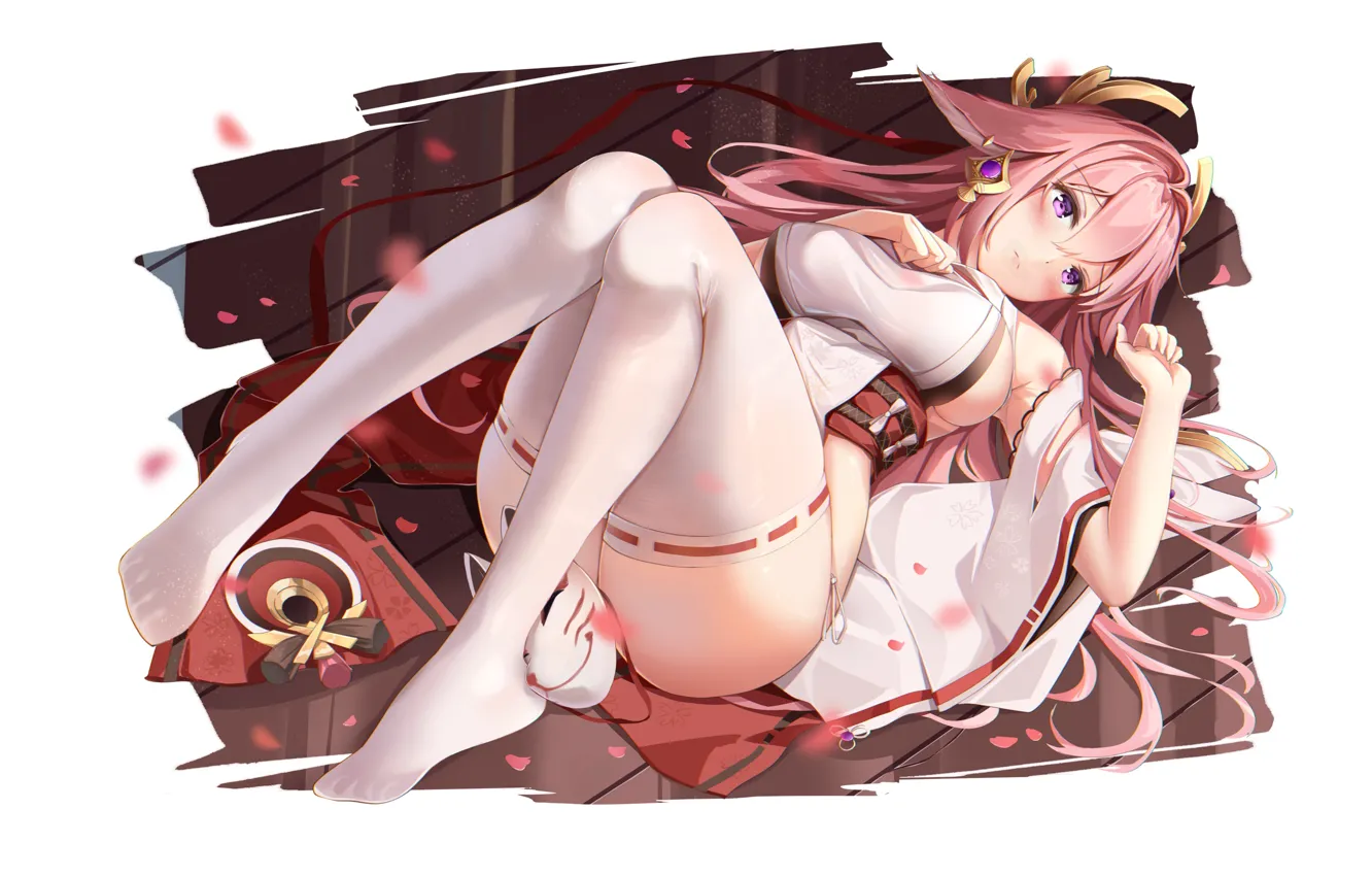 Photo wallpaper girl, pink hair, boobs, anime, breasts, babe, cute, lying down