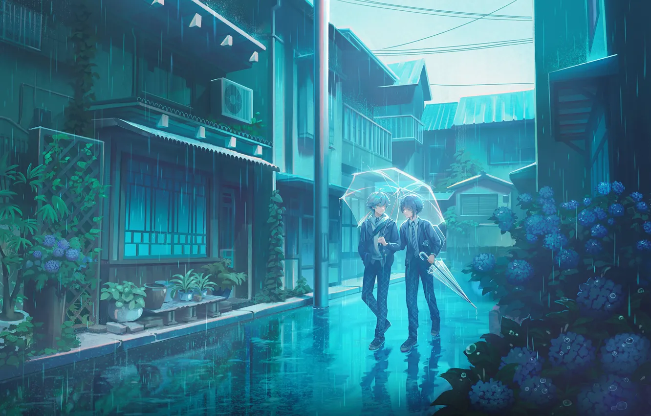 Photo wallpaper rain, street, home, students, hydrangea, Genshin Impact, Xingqiu, Chongyun