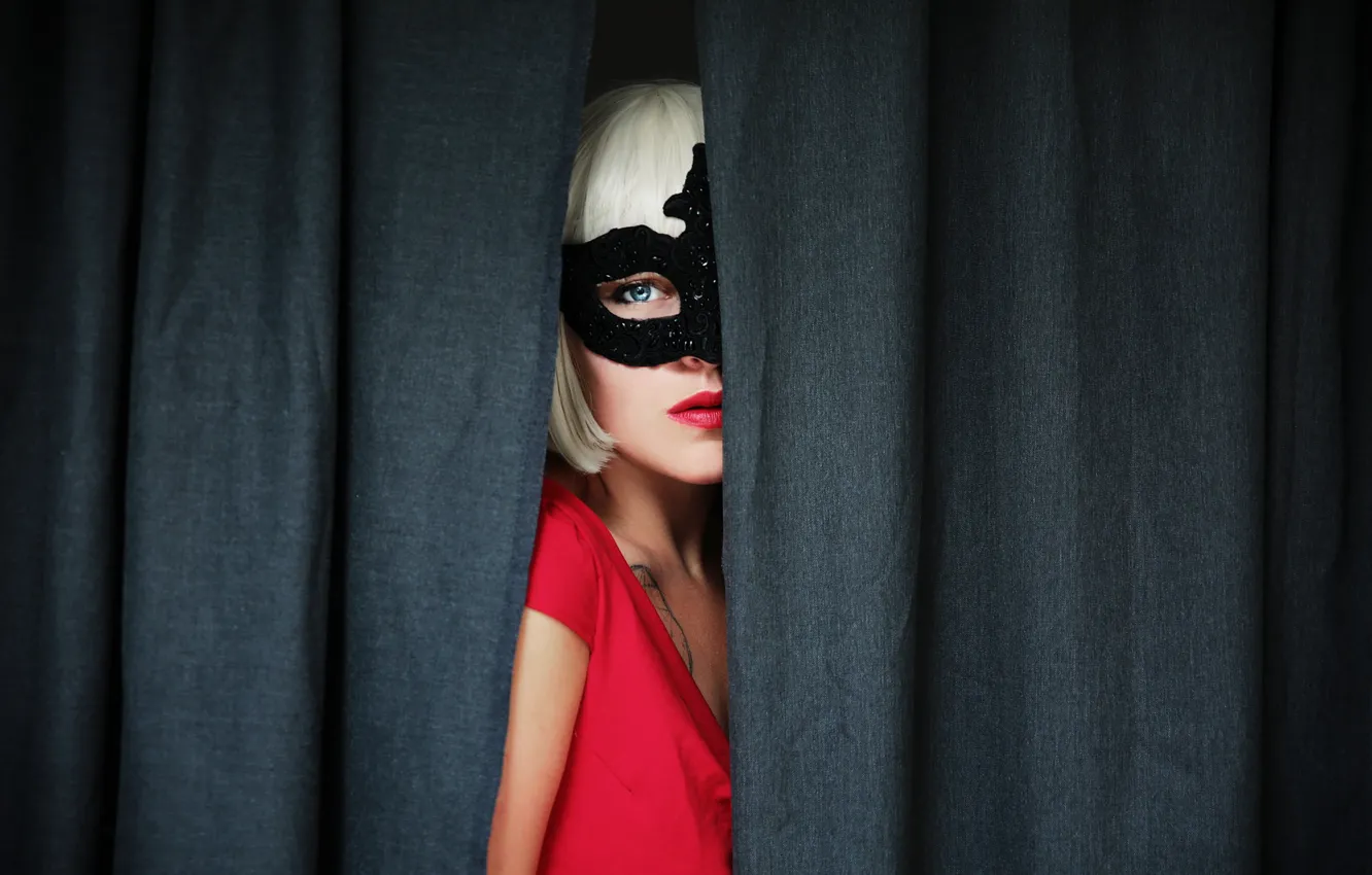 Photo wallpaper red, girl, lips, hair, eye, mask, curtain