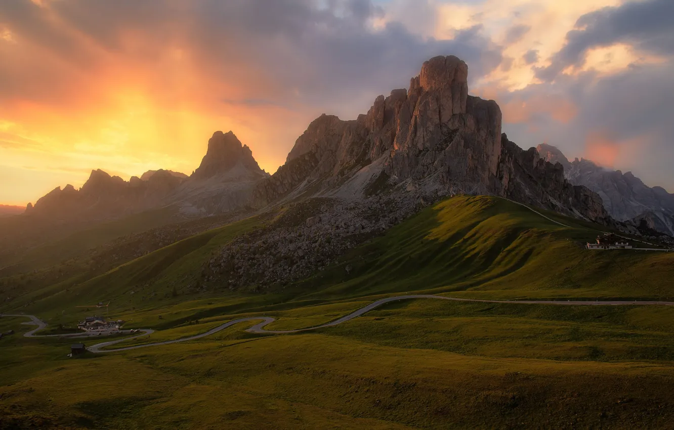 Photo wallpaper Alps, mountains, road, The Dolomites, tops, hills, house
