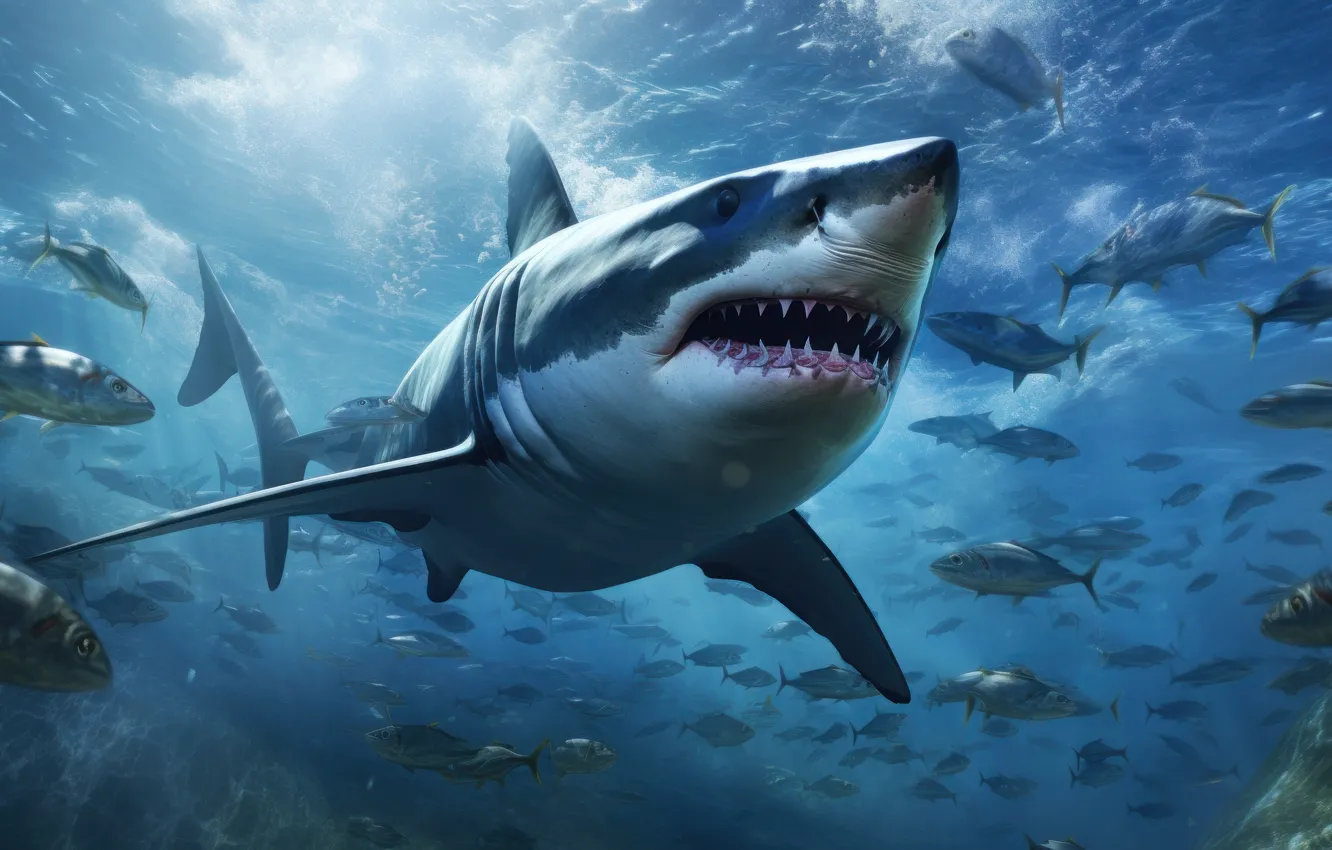 Photo wallpaper sea, water, fish, predator, shark, mouth, underwater world, under water