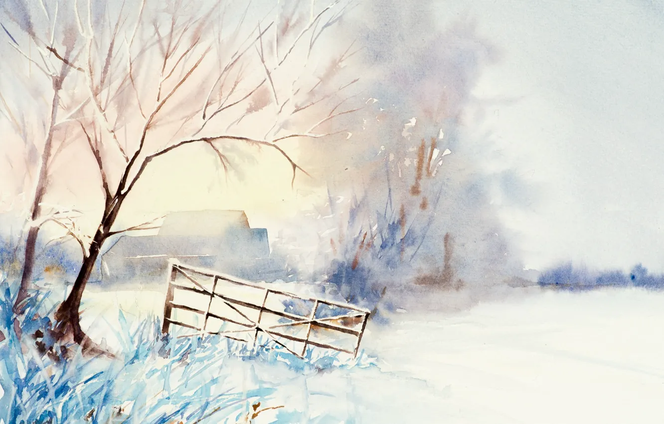 Photo wallpaper winter, landscape, picture, watercolor