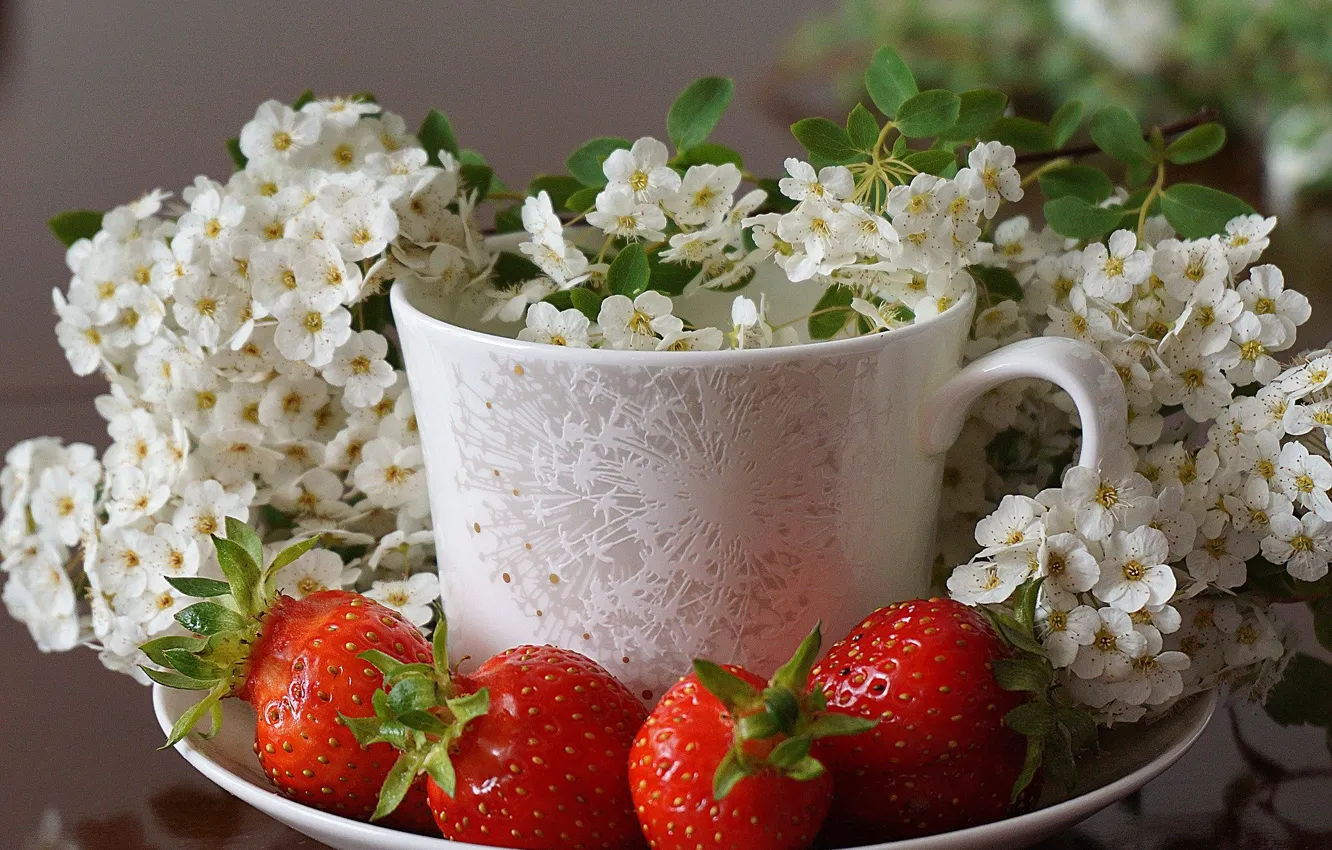 Photo wallpaper flowers, berries, strawberry, Cup