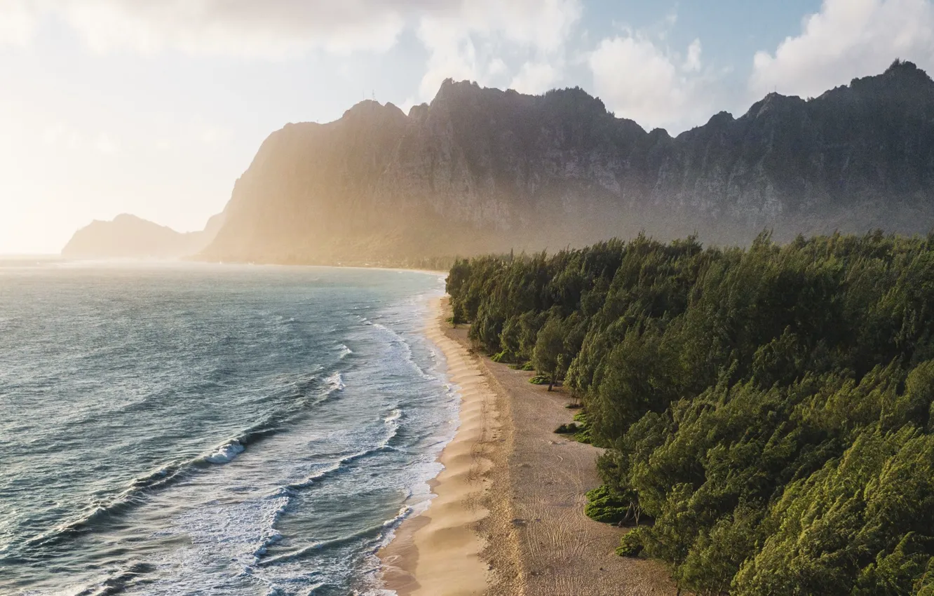 Photo wallpaper waves, beach, trees, sea, landscape, nature, mountains, sunlight