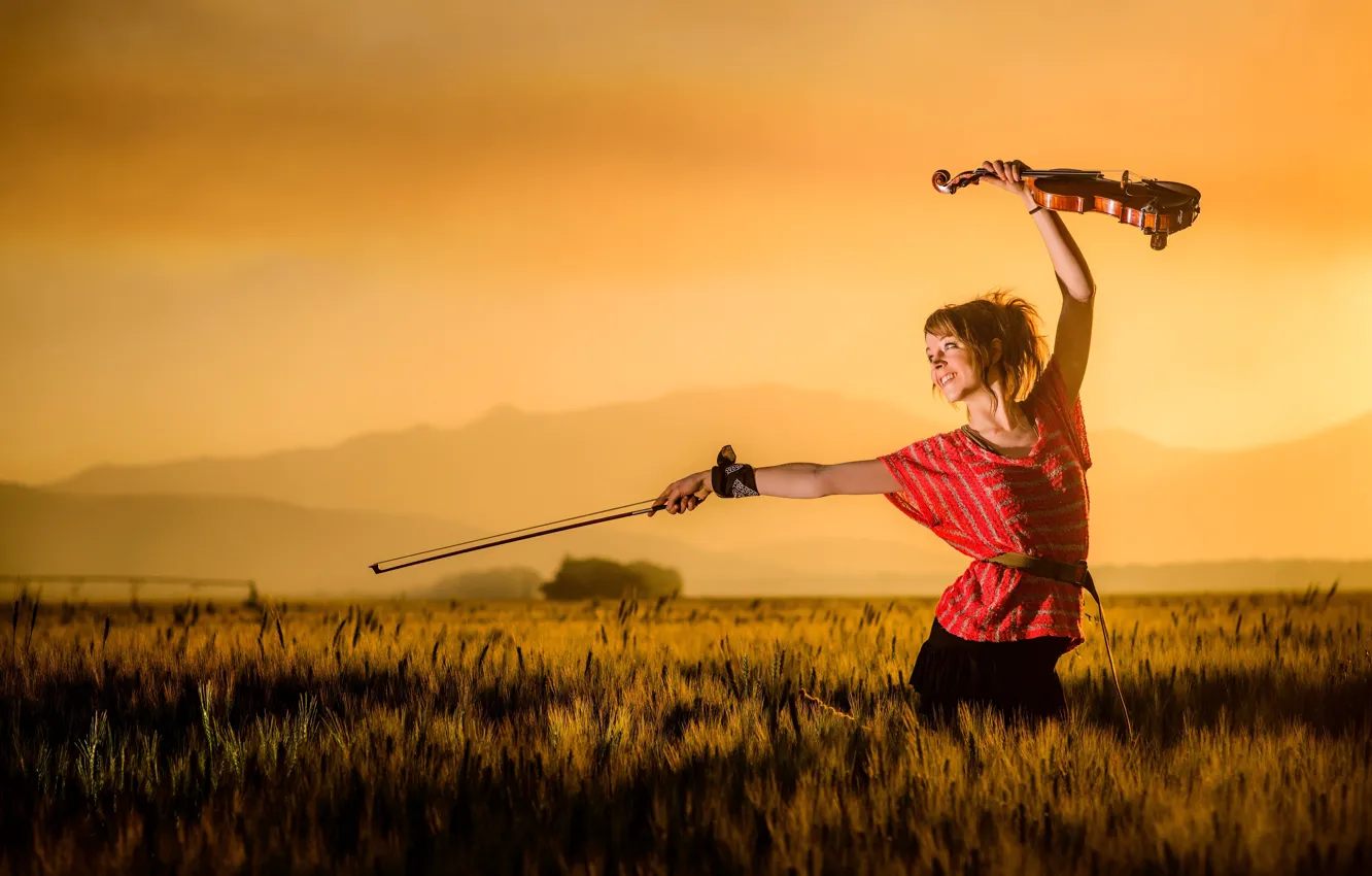 Photo wallpaper field, sunset, mountains, violin, violin, Lindsey Stirling, Lindsey Stirling