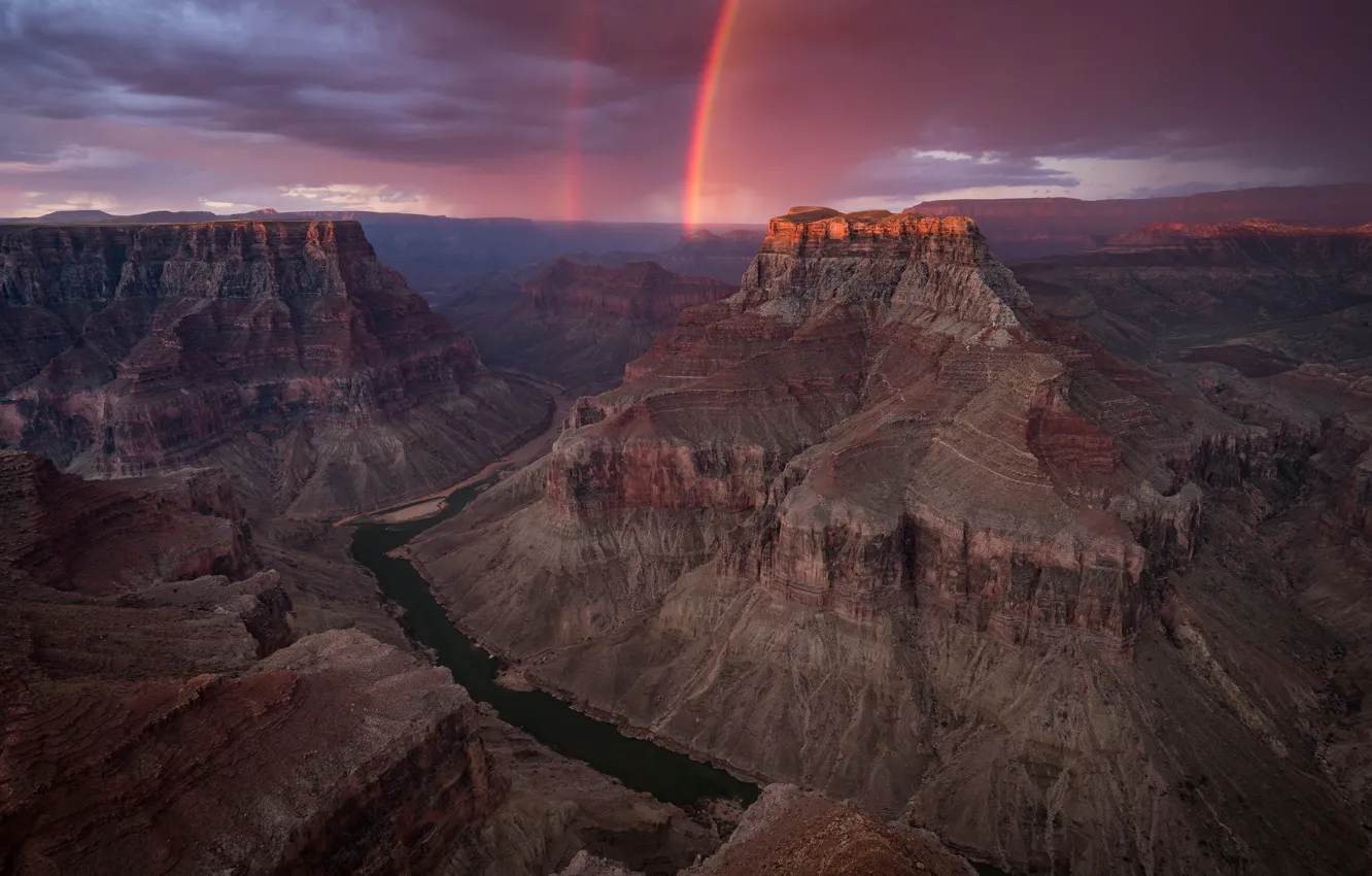Photo wallpaper the sky, clouds, light, mountains, clouds, river, rocks, tops