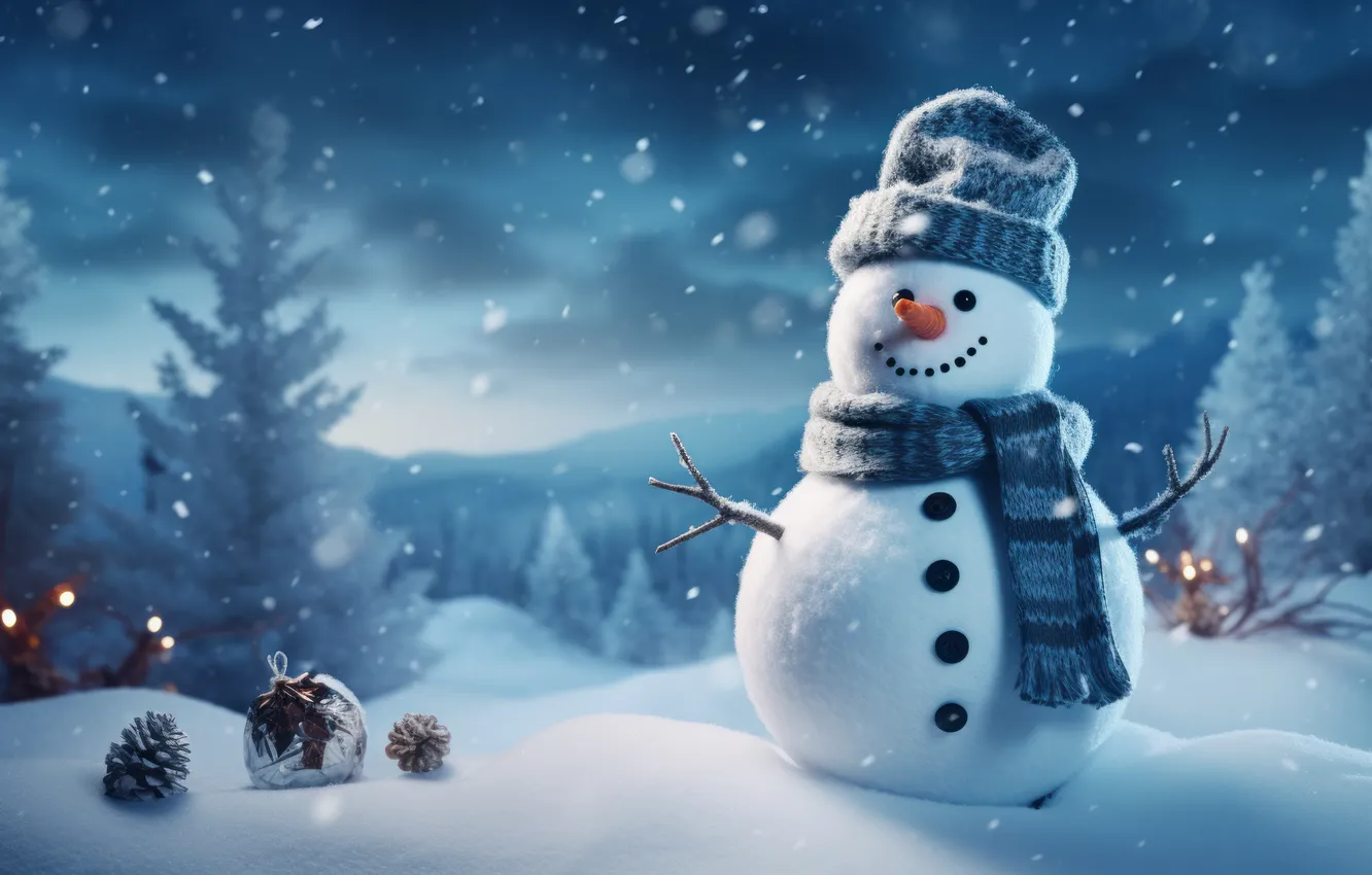 Photo wallpaper winter, snow, new year, Christmas, snowman, Christmas, winter, snow
