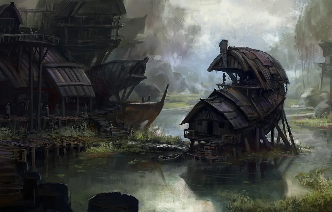 Photo wallpaper bridge, river, people, home, art