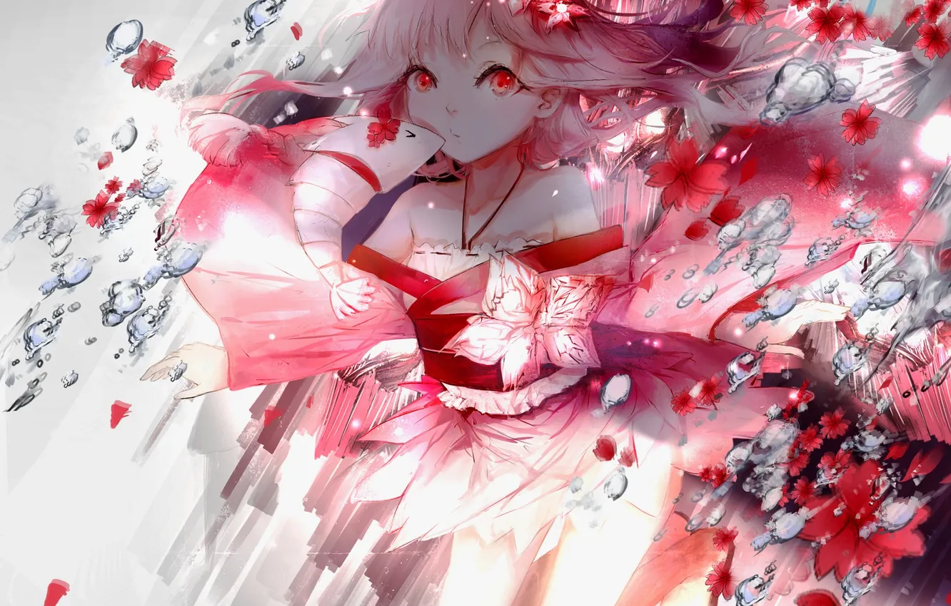 Photo wallpaper girl, drops, flowers, anime, art, kimono, sayuki