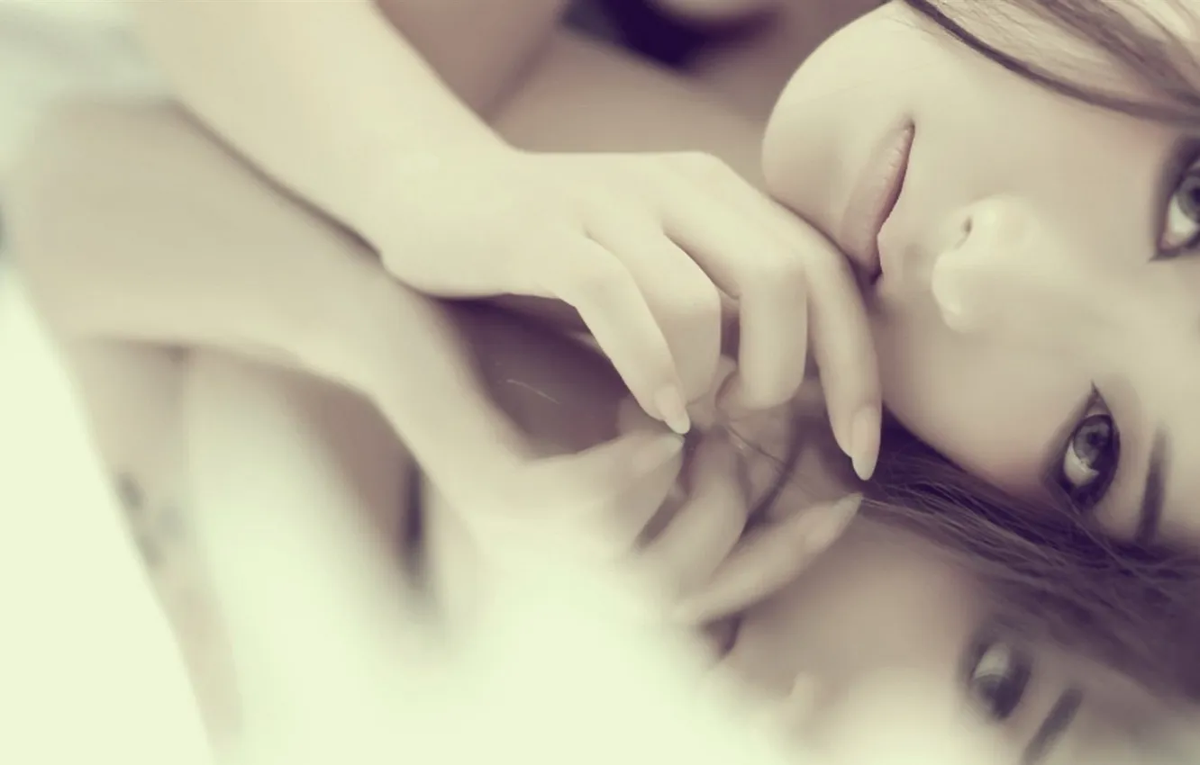 Photo wallpaper eyes, girl, reflection, mirror, brunette, lips, girl, eyes