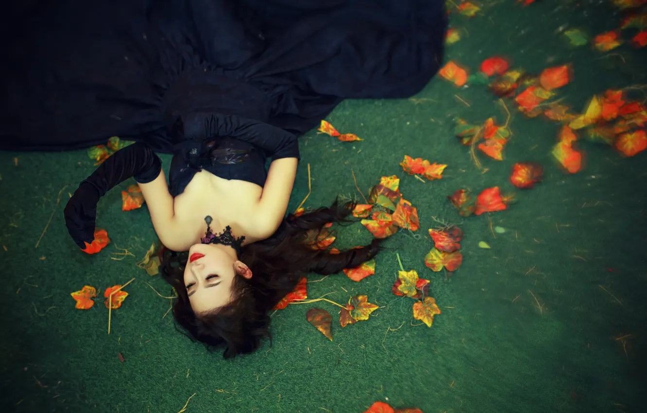 Photo wallpaper leaves, girl, background