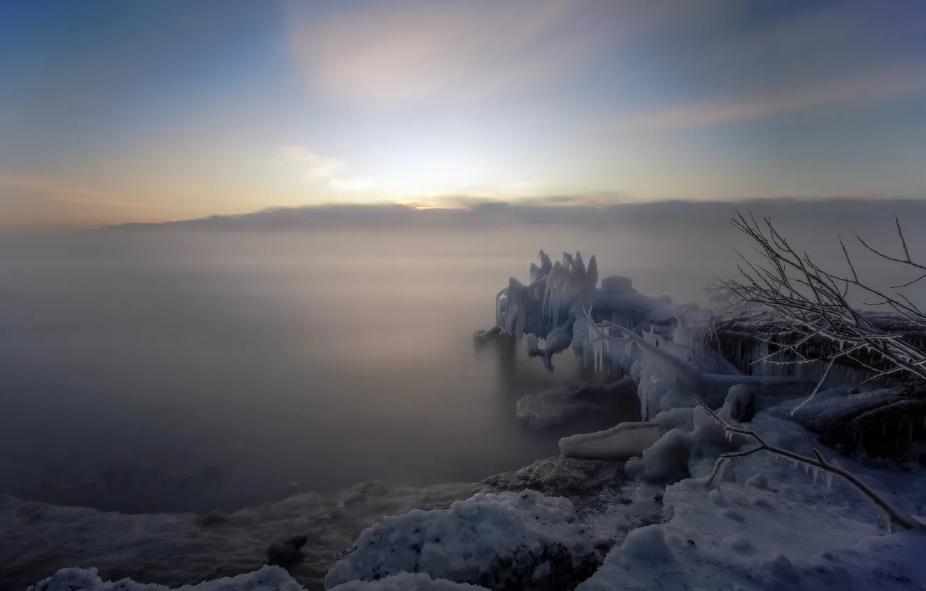 Photo wallpaper ice, lake, morning, foggy, long exposure