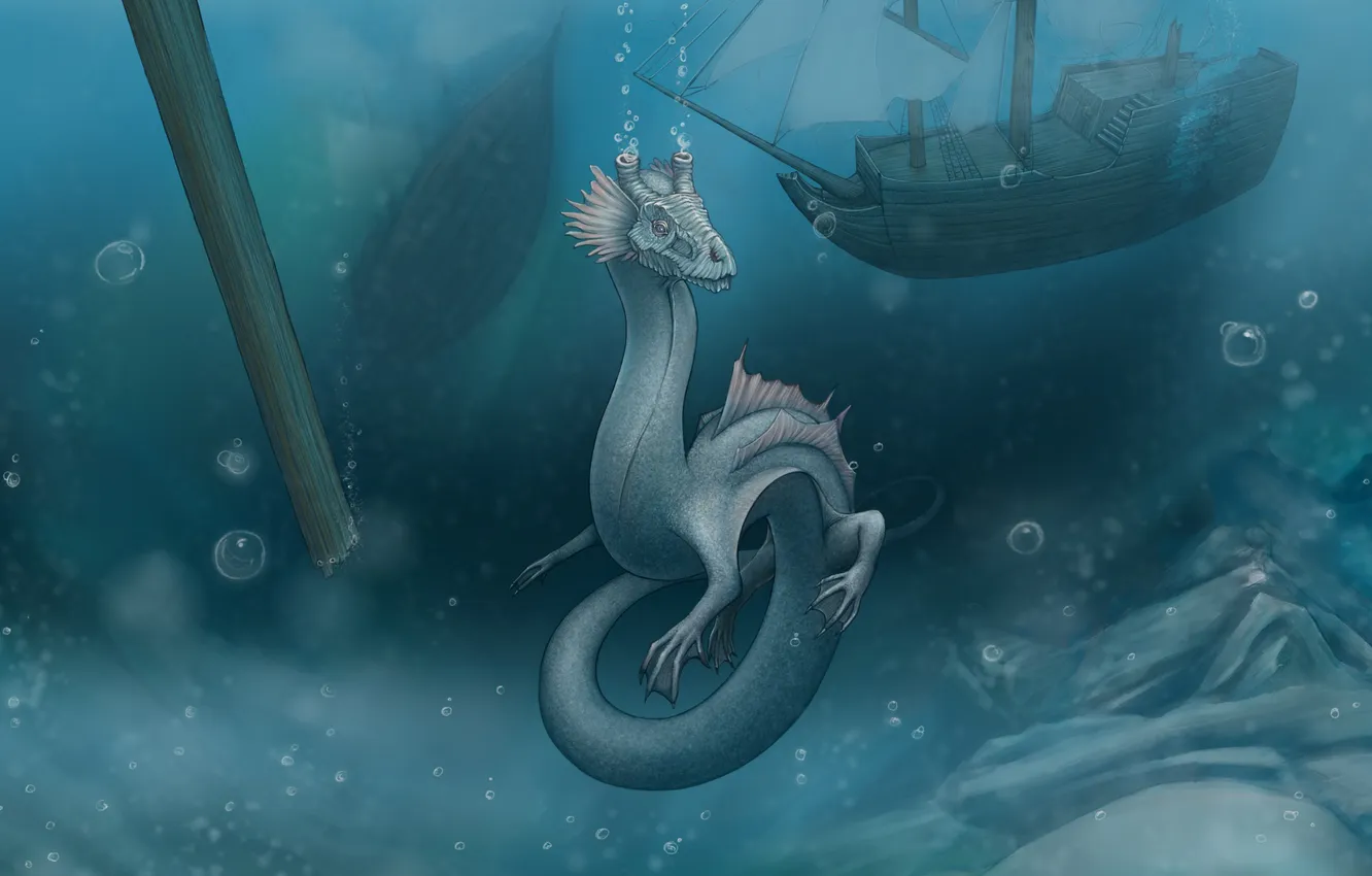 Photo wallpaper sea, sea, dragon, ship