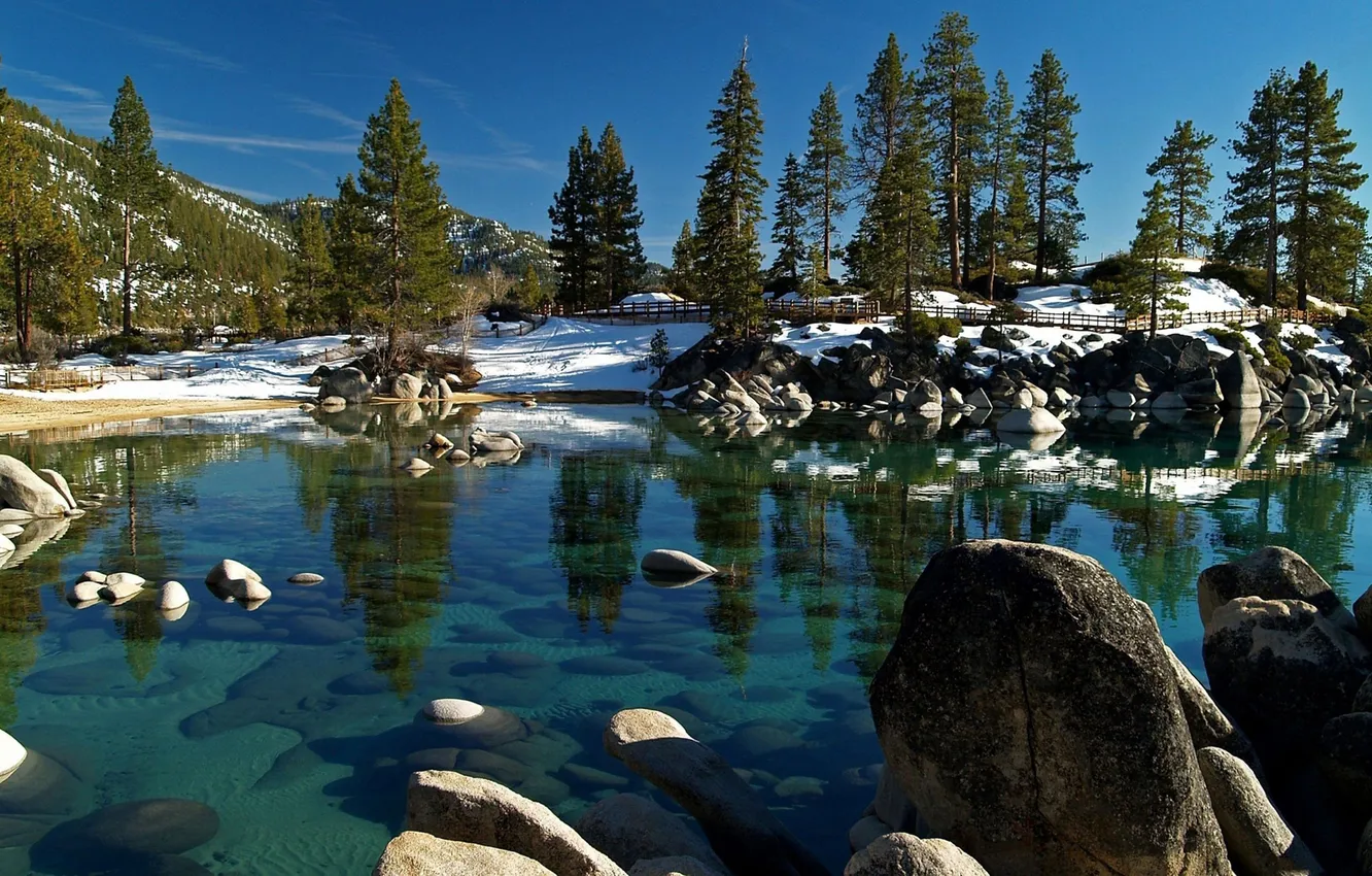 Photo wallpaper winter, snow, trees, mountains, lake, stones, hills, the fence