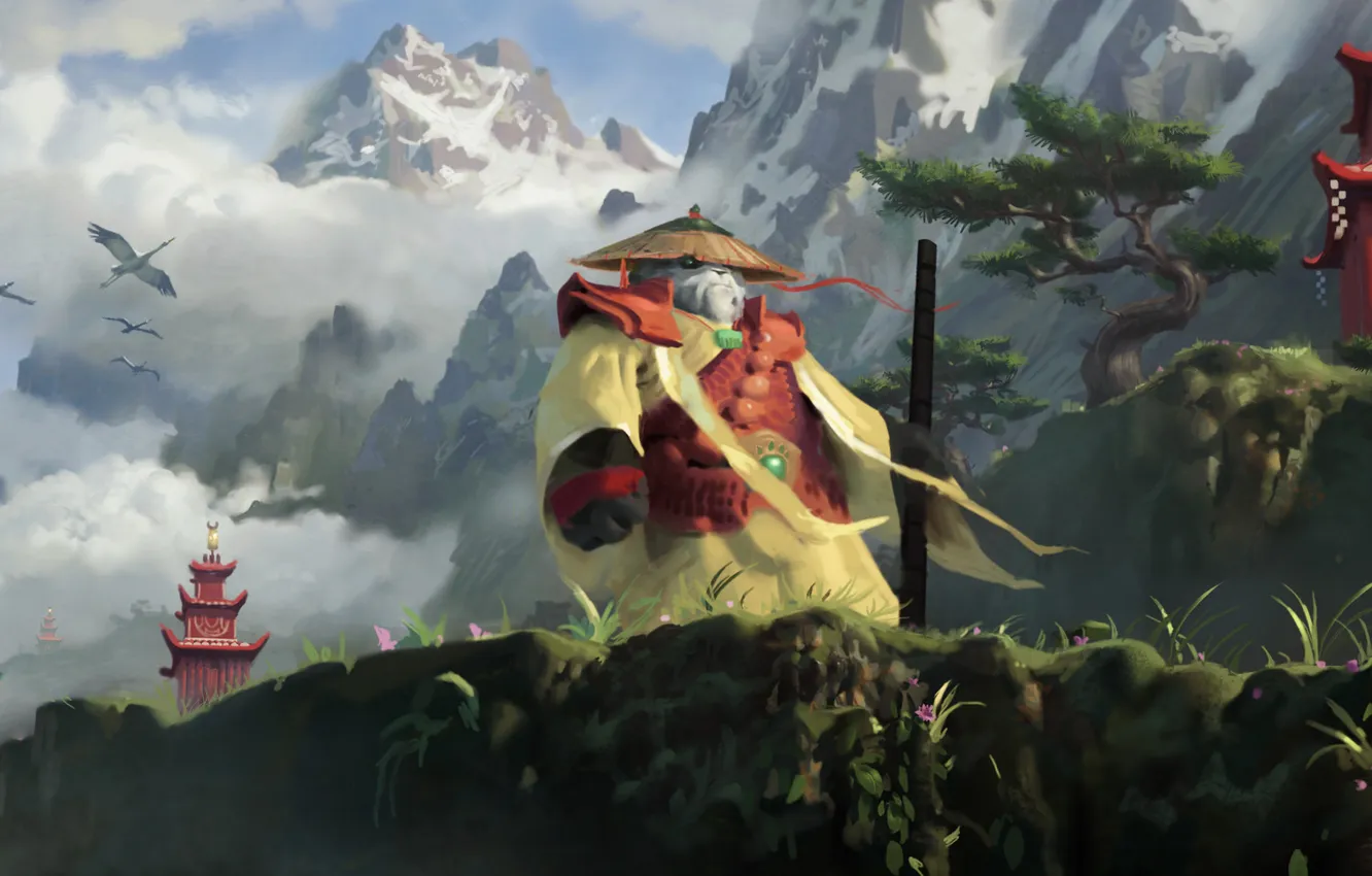 Photo wallpaper snow, trees, landscape, mountains, open, hat, Panda, World of Warcraft