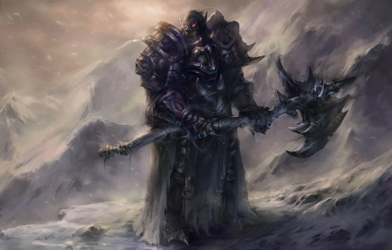 Photo wallpaper snow, mountains, World of Warcraft, Orc, wow, axe, burning eyes, daspect
